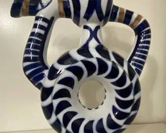 Sargadelos Ceramic Botijo Watr Jug, Blue/WHite Porcelain, Galician, Spain, 8"W x 12"H