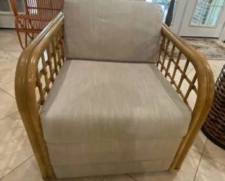 Coastal Style Bamboo Chair w/Tan Cushions, Mid-Century Modern, 28"W x 34"D x 24"T