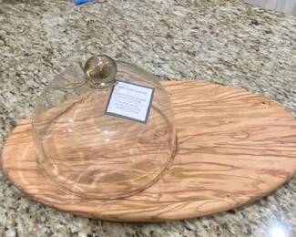 Williams-Sonoma Italian Olivewood Cheese Board w/Cloche/Glass Dome, 17.5"W x 10"D