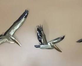 "Proud Pelican" Stainless Steel Pelican Wall Art, Hand Crafted:  Pelican Soaring 50"W,  Wings Up 30" x 21"H, Wings Down 26"w x 21"H