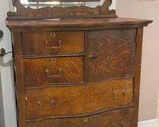 ANtique SOlid Oak Highboy Dresser, 1890-1915, Tilt Mirror, 5-Drawer & Cabinet, Serpentine & Dovetail,  36"W x 18"D x 72"T