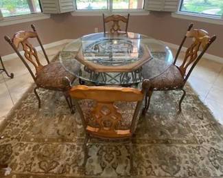 Ashley Furniture Rustic Dining Set, Thick Beveled Round Glass Top, Decordative Wrought Iron Base, 4 Upholstereed Tapestry Style Seats, 48" Round x 30"T