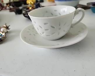 Vintage Chinese White Porcelain Rice Grain Teacup and Saucer
