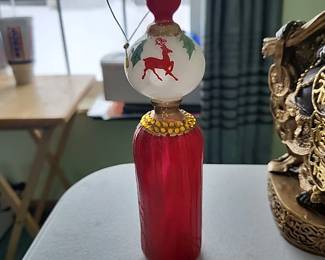 Vintage Retro Glass Reindeer and Holly Ornament 