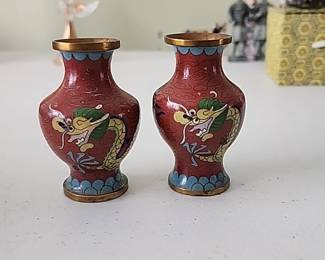 Vintage Pair of Brick Red w Dragon Cloissonne Enamel Brass Vases