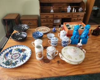 Kafuh Japan Sousaku Cherry Blossom bowls, Japaness Imperial Legend Charger, Vintage Chinese Foo Dog Figurines, Mikasa serving bowl, 