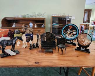 Vintage Miniature Black Faux Gold Lacquer Doll furniture,  The Trail Of Painted Ponies Jeffrey Chan 05 Chinese Calligraphy Horse, Cork and Mother of Pearl Chinese Dioramas