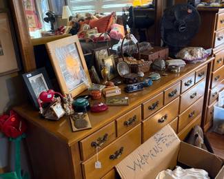 Maple dresser of drawers.  Knickknacks.