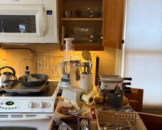 Stainless utensil set.  Pyrex bake pans. Vintage toaster.