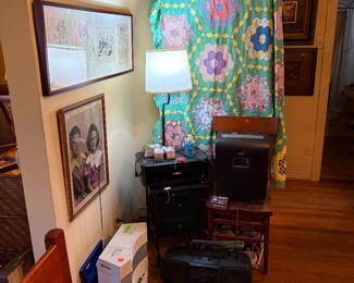 Lamp tables. Shredder.  Canon printer.  1930’s quilt top.