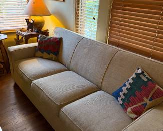 Nice Crate and Barrel sofa. Kilim pillows.