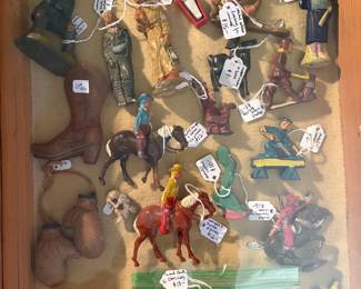 Case of 1940’s 50’s vintage metal and some composition figures.  Other misc.