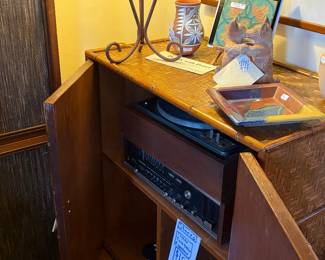 Rattan cabinet.  Realistic turner, Garrard turntable, 2 speakers.  Turntable needs needle.