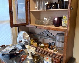 Vintage Hoosier cabinet with spice shelf and glass flour canister intact.  