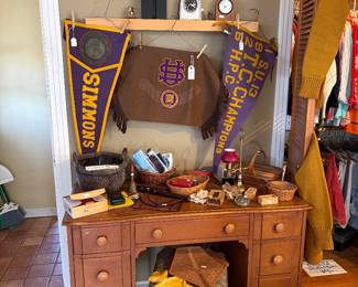 Large Bedroom.  Maple desk.  Vintage Simmons University pennants.  