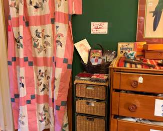Quilt top, many CD’s.  Nice chest of drawers.  Mens’ clothing.