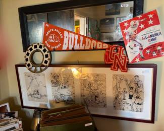 Vintage hat rack mirror, North Dallas pennant, 1963 football program, cartoon illustrations of summer vacations 1950’s