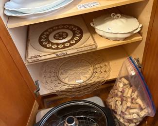 Slow cooker.  Haviland china serving dishes.  2 large glass party platters.