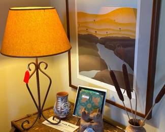 Lamp, artwork.  Jemez pottery by Mary Small.  Van Briggle art tile.  