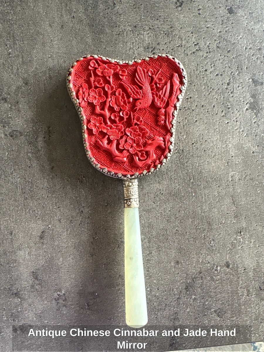 Antique Chinese Cinnabar and Jade Hand Mirror second image