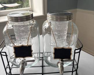 Set of Two Glass Beverage Dispensers with Metal Rack and Chalkboard Labels