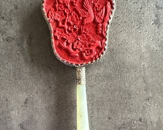 Antique Chinese Cinnabar and Jade Hand Mirror second image