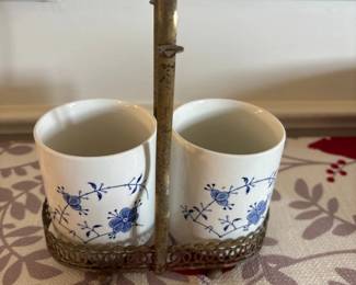 Pair of Blue and White Porcelain Mugs in a Brass Holder, Specially Made For Leonard Silver