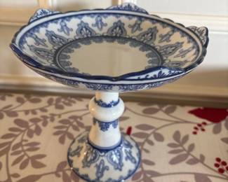 Blue and White Porcelain Cake Stand  Flow Blue Pattern