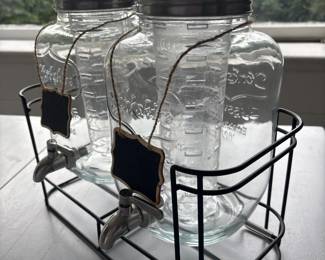 Set of Two Glass Beverage Dispensers with Metal Rack and Chalkboard Labels second image