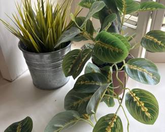 Artificial Red Prayer Plant and Grass Arrangement in Galvanized Bucket