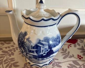 Blue and White Porcelain Teapot with Landscape Scene