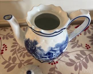 Blue and White Porcelain Teapot with Landscape Scene third image