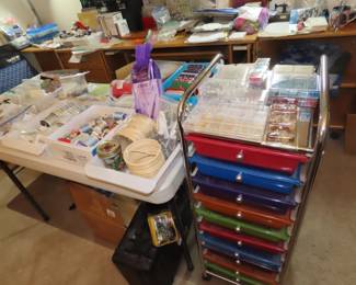 Sewing and crafting notions and storage drawers.