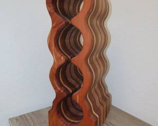 Hand carved wooden wine rack, possibly Laguna Woods or Laguna Beach artisan.
