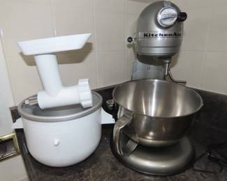 KitchenAid Pro mixer with attachments.