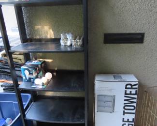 Folding bookcase, new in box three drawer storage tower.