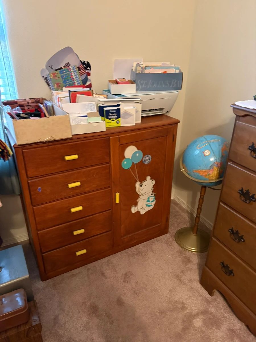 vintage child dresser, office supplies