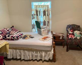 full bed, comforter set with curtains, side table, chair, stuffed animals