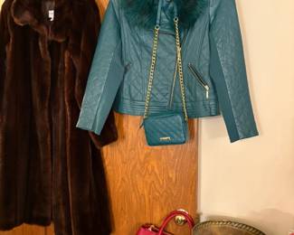brown fur coat, leather jacket, purses