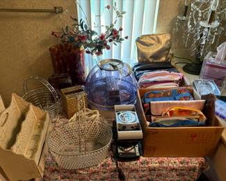 hair dryer, baskets, make up  bags
