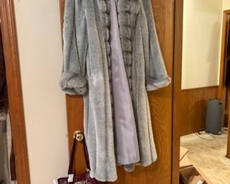 gray fur coat, purse
