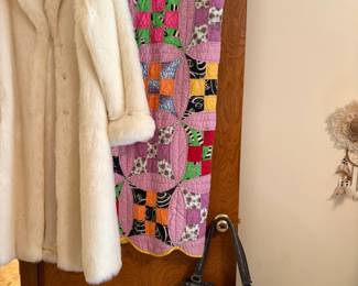 White fur coat, quilt, B. Makowsky Sienna charcoal leather and suede fringe purse