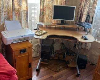 corner computer desk, side cabinet, printer