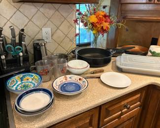 bowls, OSU cups, knives, skillet