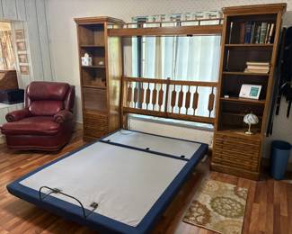 Broyhill headboard with side bookcases,  bed frame, recliner