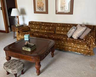 vintage couch, coffee table, foot stool