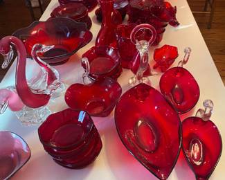 Ruby red plates, cups, swans etc