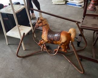 Vintage rocking horse and quilt rack