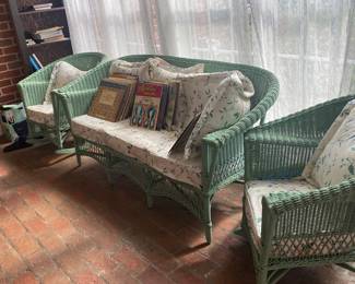 Wicker set- couch, 2 rocking chairs, table and plant stand