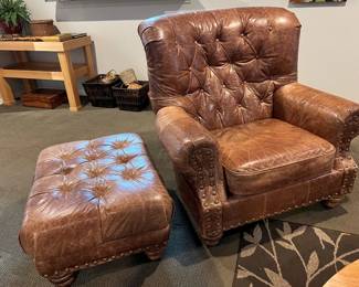 Mayo leather overstuffed chair and ottoman